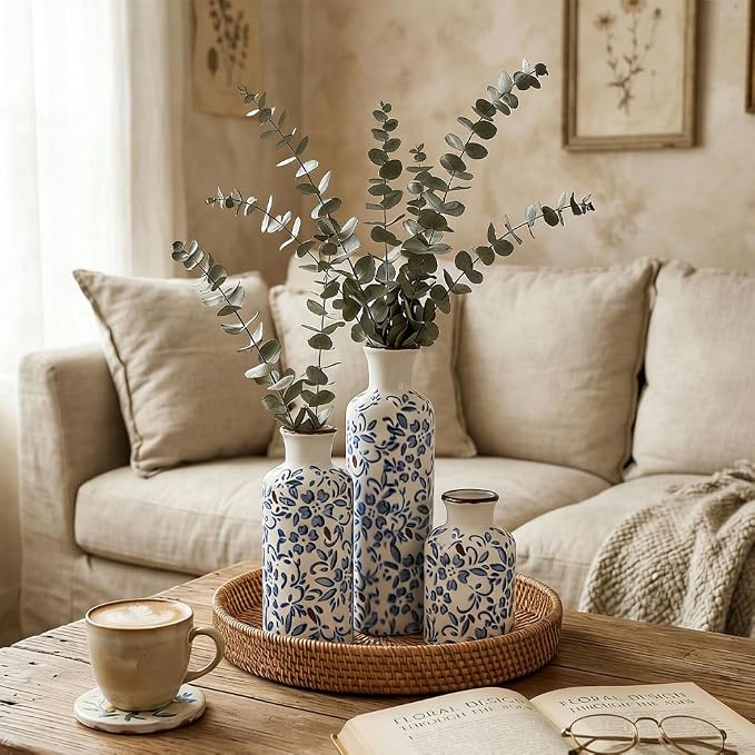 Chinoiserie Decor Ceramic Vases Set - 3 Blue and White Vase, Chinoiserie Vase Farmhouse Country, Flower Vases Home Decor, Living Room Decoration, Entrance, Fireplace, Table Decoration, Centerpieces