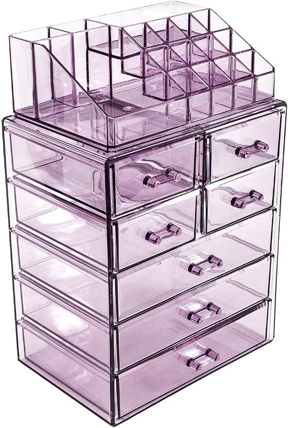 Sorbus Acrylic Makeup Organizer Set, 7-Drawer Vanity & Countertop Cosmetic Storage with Small & Wide Compartments, Purple Makeup Storage for Brushes, Jewelry – Holiday Gift for Women & Teens
