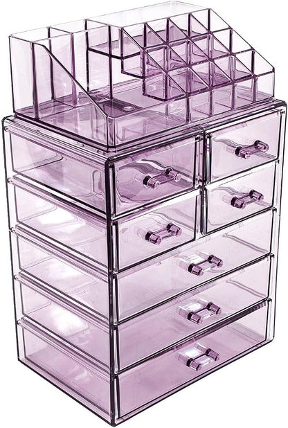 Sorbus Acrylic Makeup Organizer Set, 7-Drawer Vanity & Countertop Cosmetic Storage with Small & Wide Compartments, Purple Makeup Storage for Brushes, Jewelry – Holiday Gift for Women & Teens