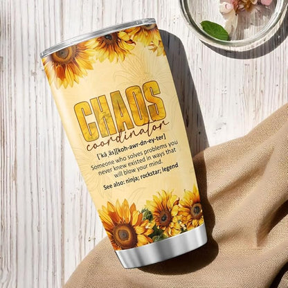 Chaos Coordinator Gift 20oz, Sunflower Design Insulated Stainless Steel Travel Cup for Women, Funny Appreciation Tumbler for Coworkers, Teachers, Boss, Birthday Present