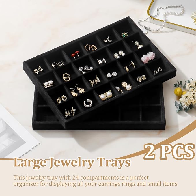 Large Velvet Jewelry Tray 2 Pack Stackable Jewelry Display Drawer Inserts Trays Organizer for Earring Bracelet Necklace Ring (Black, 24 Grids)