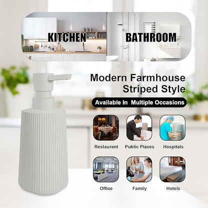 2 Pack Glass Small Soap Dispenser for Bathroom and Kitchen 250ml/8.5oz Dish Soap Dispenser Modern Farmhouse Striped Style Hand Soap Dish Soap Dispenser with Pump (Beige)