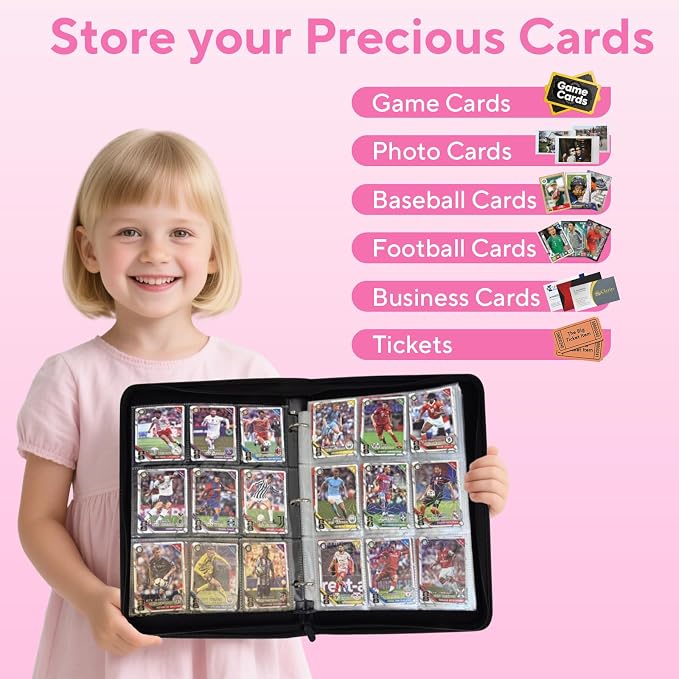Portable 9-Pocket Trading Card Binder, Holds 1080 Cards with 60 Removable Sleeves Baseball Card Binder, Compact Card Album Organizer for Game & Sports Cards, Pink Color