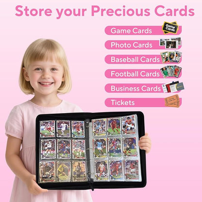 Portable 9-Pocket Trading Card Binder, Holds 1080 Cards with 60 Removable Sleeves Baseball Card Binder, Compact Card Album Organizer for Game & Sports Cards, Pink Color