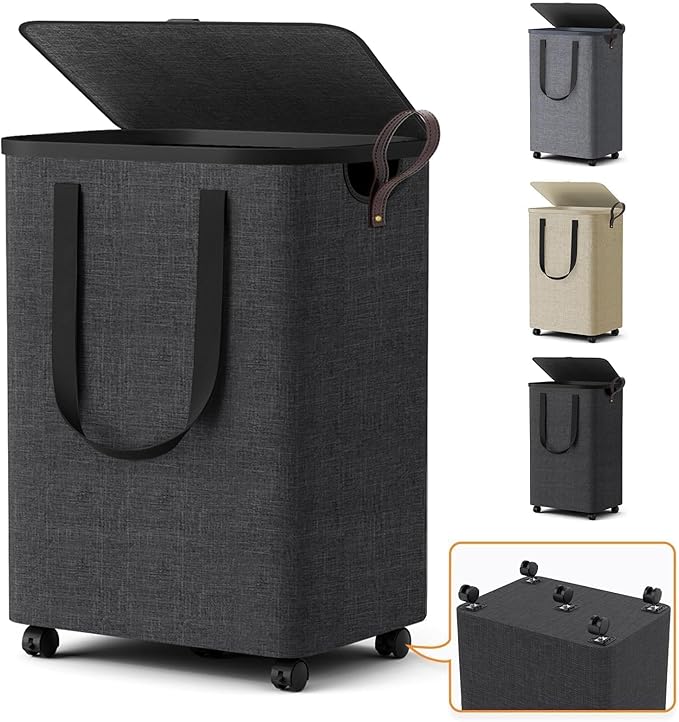 Laundry Basket with 5 Wheels, Tall Dirty Laundry Hamper, Rolling Laundry Basket with Lid, Collapsible Clothes Hamper for Bathroom Bedroom Dorm Laundry Room, Deep Gray, 75L
