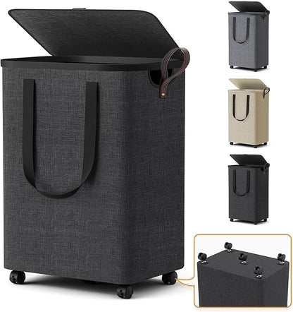 Laundry Basket with 5 Wheels, Tall Dirty Laundry Hamper, Rolling Laundry Basket with Lid, Collapsible Clothes Hamper for Bathroom Bedroom Dorm Laundry Room, Deep Gray, 75L