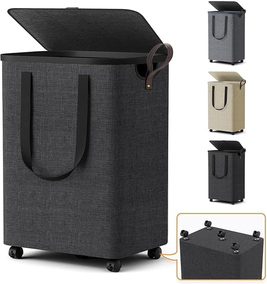 Laundry Basket with 5 Wheels, Tall Dirty Laundry Hamper, Rolling Laundry Basket with Lid, Collapsible Clothes Hamper for Bathroom Bedroom Dorm Laundry Room, Deep Gray, 75L