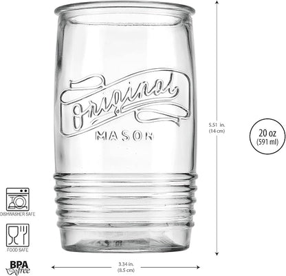 Glaver's Glass Tumbler Drinking Glasses Set of 4 – Genuine Artisan-Made Vintage Italian Original Mason – Elegant 20 Oz Clear Tumbler Glassware Set for Refreshing Drinks, Beverages, Iced Tea.