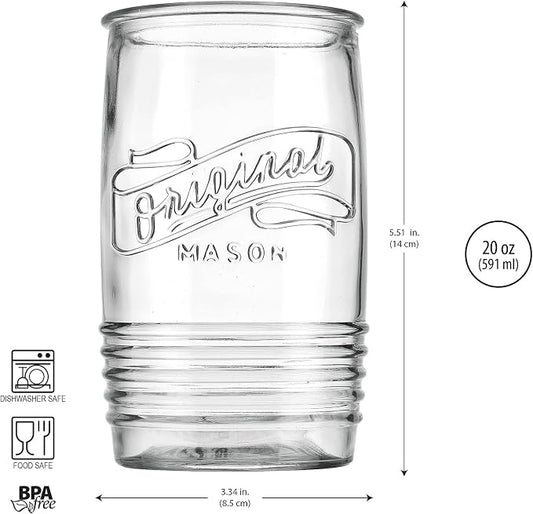 Glaver's Glass Tumbler Drinking Glasses Set of 4 – Genuine Artisan-Made Vintage Italian Original Mason – Elegant 20 Oz Clear Tumbler Glassware Set for Refreshing Drinks, Beverages, Iced Tea.