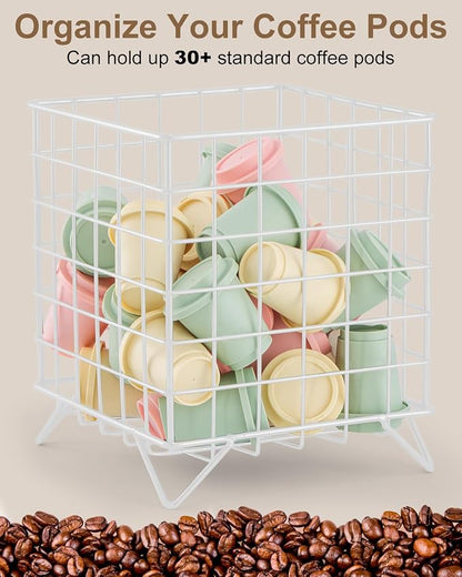 FantasyLife K Cup Holder Organizer, 5.3" x 5.3" x 6.3" Coffee Pod Storage Basket, Coffee Bar Accessories Metal Basket, Large Capacity Countertop Organizer for Kitchen Counter & Office Desktop (White)