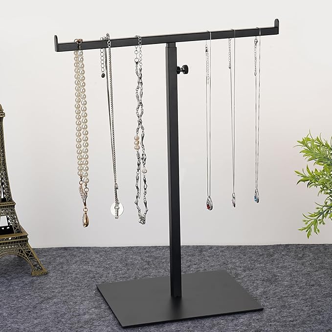 Display Stand Stainless Steel Jewelry Towers Bag Stand Tabletop Double Hook Hanging Jewelry Stands for Necklaces Organizer Stand Adjustable Height Home Store Boutique, Black