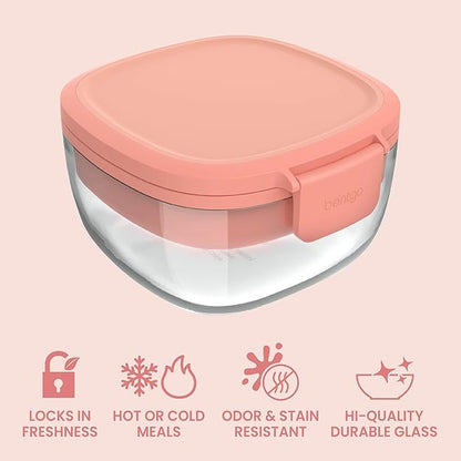 Bentgo Glass Salad Container - 7.6-Cup Salad Bowl with Airtight Lid, Leak-Proof Sauce Container, 4-Compartment Bento Tray & Reusable Fork - BPA-Free for Meal Prep, Office & More (Coral)