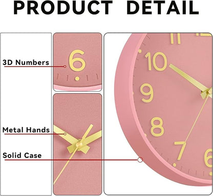 Roymnie Silent Wall Clocks Battery Operated 10 Inch-Modern Non Ticking Analog Clock Decorative for Kitchen Office Bathroom Bedroom(Pink Gold)