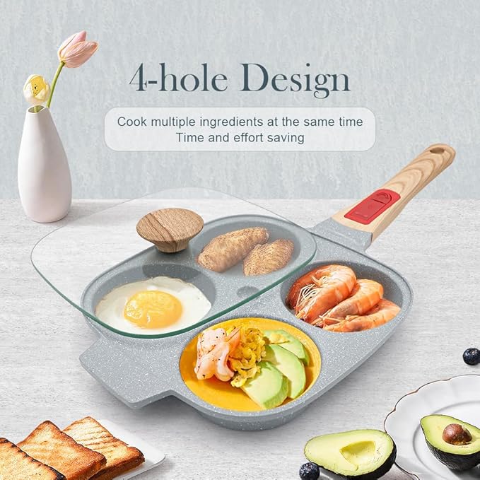 Ceramic Egg Frying Pan with Lid, Nonstick 4 Cup Fried Egg Pan with Detachable Handle, Omelette Pan Induction Compatible - Blue