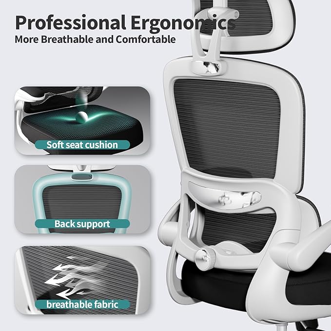 TRALT Office Chair Ergonomic Desk Chair, 330 LBS Home Mesh Office Desk Chairs with Wheels, Comfortable Gaming Chair, High Back Office Chair for Long Hours (Black & White)