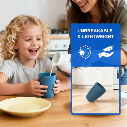 Wheat Straw Cups, Unbreakable Reusable Plastic Cup Set of 6, Lightweight Dishwasher Safe Kids Drinking Cups 12 OZ for Everyday Use, Kitchen, RV, Camping, Blue