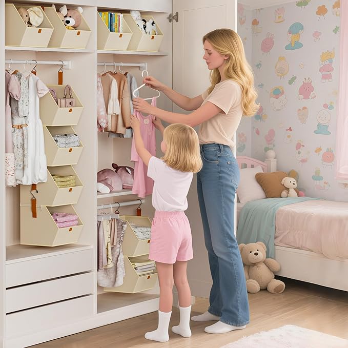 Hanging Closet Organizer 4 Tier - Clothes Hanging Shelves, Space-Saving Closet System, Fabric Storage Bins Bedroom Organization, Collapsible Baskets for Home, Dorm, Rv, Beige