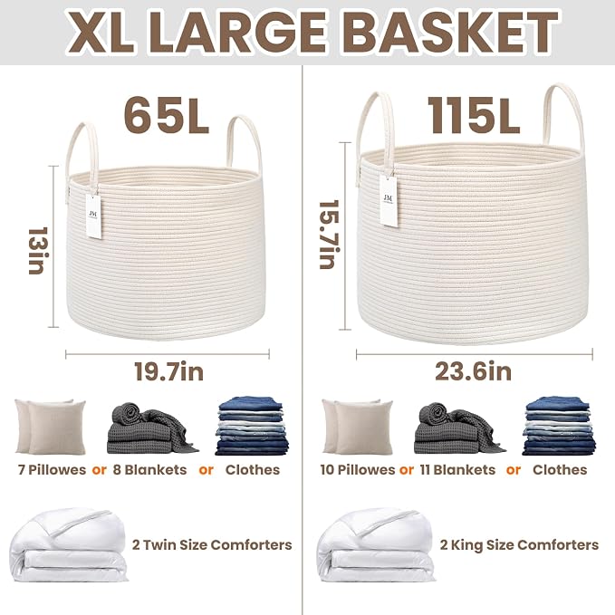 JMvicyroam 65L Extra Large Blanket Basket for Living Room - Woven Cotton Rope Laundry Hamper with Reinforced Handles - Storage Bin for Pillows, Comforters & Toys - Machine Washable,White