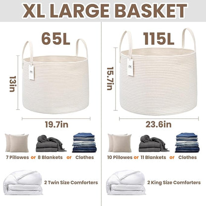 JMvicyroam 65L Extra Large Blanket Basket for Living Room - Woven Cotton Rope Laundry Hamper with Reinforced Handles - Storage Bin for Pillows, Comforters & Toys - Machine Washable,White