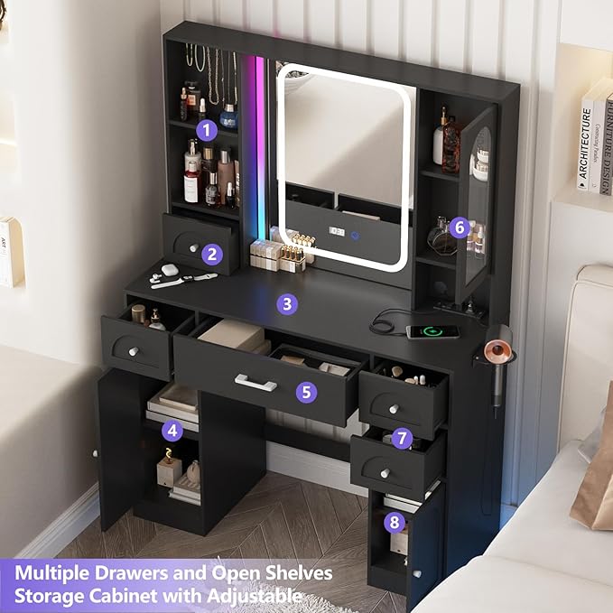 Fameill Black Makeup Vanity Desk with Lights,Makeup Vanity with RGB Lightsand Power Strip,Vanity Table with 5 Drawers Lots Storage & Time Display,3 Lighting Modes Vanity Mirror,41.3in(L)