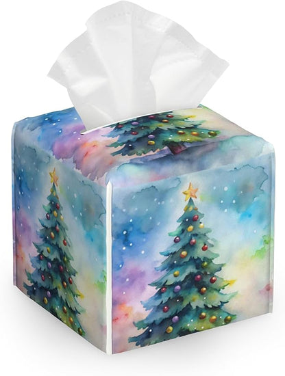 Tissue Box Cover,Christmas Tree Tissue Box Holder Waterproof Leather Facial Paper Organizer Dispenser for Bathroom Home Car Nightstand Vanity