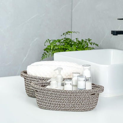 CubesLand Small Cotton Rope Storage Basket Set 5, Shelves Baskets for Organizing with Handle, Decorative Closet Storage Bins for Countertop Toilet Paper Basket for Toilet Tank Top,Mixed Brown Basket
