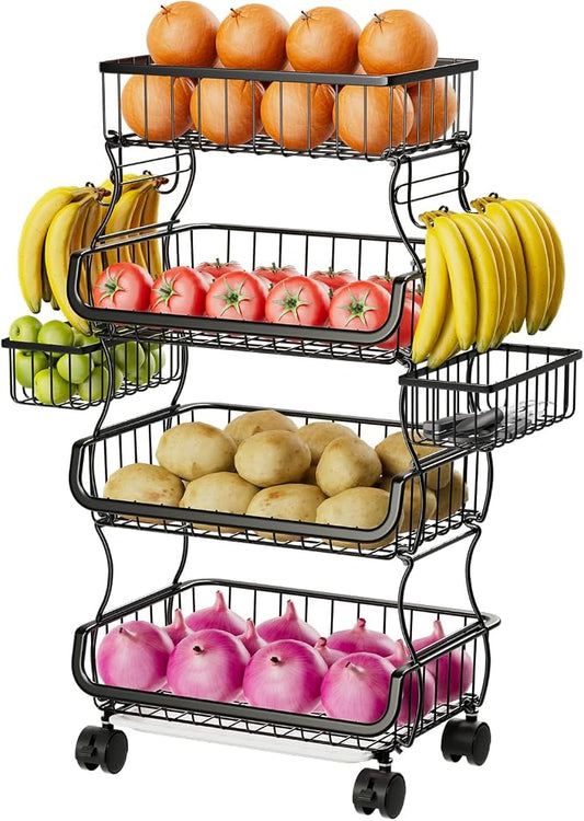 Simple Trending 4 Tier Rolling Cart, Stackable Fruit Vegetable Basket with Wheels and 2 Hanging Basket, Kitchen Storage Metal Wire Basket Stand for Vegetable Snacks, Black