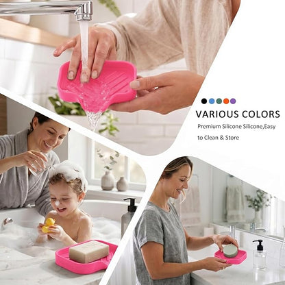 MicoYang Silicone Soap Dish with Drain Spout, Self-Draining Sink Organizer Tray for Bathroom and Kitchen, Sponges, Dispensers and Soap Holder, Non-Slip and Dishwasher Safe, Rose (Compact, 4.9"×3.2")
