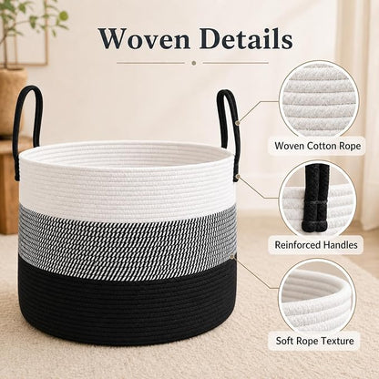 JMvicyroam 65L Extra Large Blanket Basket for Living Room - Woven Cotton Rope Laundry Hamper with Reinforced Handles - Storage Bin for Pillows, Comforters & Toys - Machine Washable,White&Black Mix