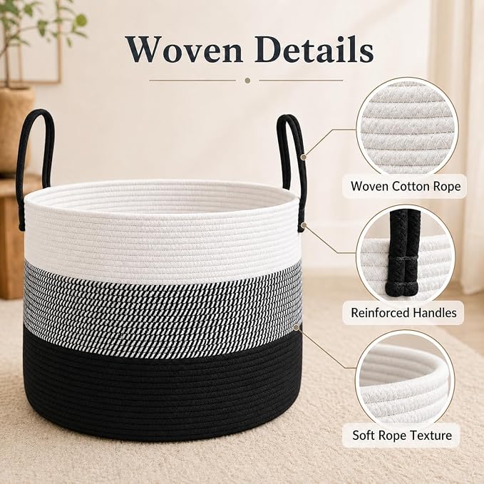 JMvicyroam 115L Extra Large Blanket Basket for Living Room - Woven Cotton Rope Laundry Hamper with Reinforced Handles - Storage Bin for Pillows, Comforters & Toys - Machine Washable,White&Black Mix