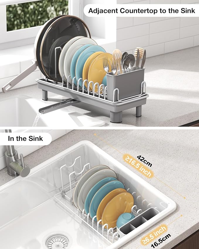 Dish Rack, Carbon Steel Small Dish Drying Rack Rustproof for Kitchen Counter, Compact Space-Saving Dish Drainer with Adjustable Slots for Small Kitchens & Apartments, 16.5×6.5×7inch, Grey