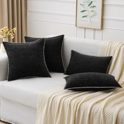 MIULEE Pack of 2 Couch Throw Pillow Covers 18x18 Inch Black Farmhouse Decorative Pillow Covers with Stitched Edge Soft Chenille Solid Dyed Pillow Covers for Sofa Bed Living Room