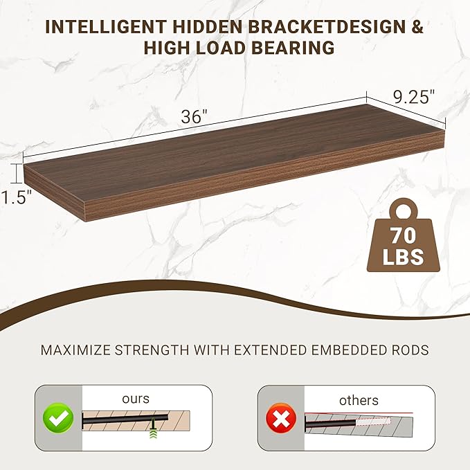 Acovy 36 Inch Floating Shelves, 36"x9.25"x1.5" Inch Deep Floating Shelves for Wall, Wooden Shelves for Bathroom, Bedroom, Living Room, Walnut, 2 Pieces