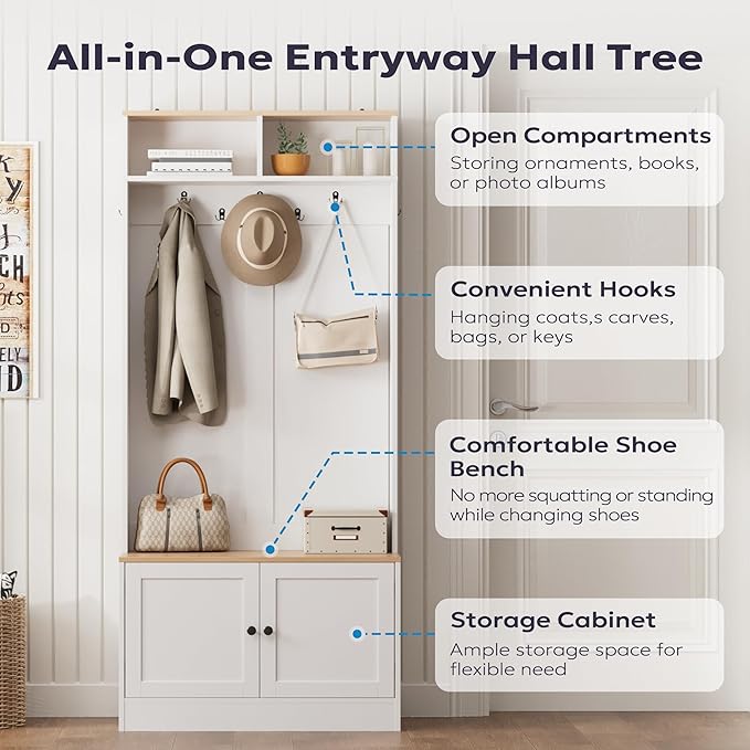 Entryway Hall Tree with Bench and Storage, 5-in-1 Farmhouse Coat Rack with 7 Hooks, Bench with Coat Rack with Storage Shelves for Hallway, Hallway, White