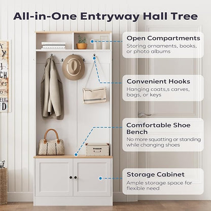 Entryway Hall Tree with Bench and Storage, 5-in-1 Farmhouse Coat Rack with 7 Hooks, Bench with Coat Rack with Storage Shelves for Hallway, Hallway, White