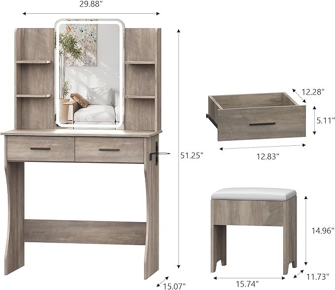 Small Vanity Desk with Mirror and Lights, Makeup Vanity with LED Lights, Grey Vanity Mirror with Lighted Desk and Chair, 3 Lighting Adjustable Compact Dressing Table with Mirror for Women, Girls