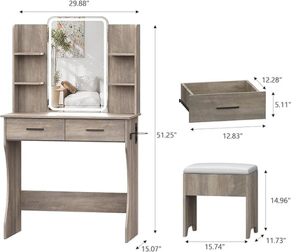 Small Vanity Desk with Mirror and Lights, Makeup Vanity with LED Lights, Grey Vanity Mirror with Lighted Desk and Chair, 3 Lighting Adjustable Compact Dressing Table with Mirror for Women, Girls