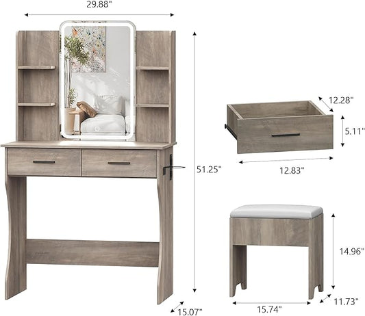 Small Vanity Desk with Mirror and Lights, Makeup Vanity with LED Lights, Grey Vanity Mirror with Lighted Desk and Chair, 3 Lighting Adjustable Compact Dressing Table with Mirror for Women, Girls