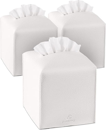 Tissue Box Cover, Jeethemy Square PU Leather Tissue Box Holder, Modern Tissue Case Facial Paper Organizer Dispenser，5X5X5'',Three White