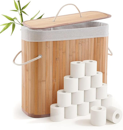 Leinuosen Bamboo Toilet Paper Storage Basket 8 Gallons Toilet Paper Organizer Holder with Lid Waterproof for Kitchen Bathroom Home(Beige,Regular)