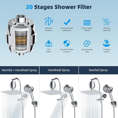 Hibbent All Metal 12'' Dual Filtered Rainfall Shower Head Combo, High Pressure Handheld Shower Head with 12'' Adjustable Curved Extension Arm, 20 Stage Shower Filter, 10-spray, 71'' Hose, Chrome