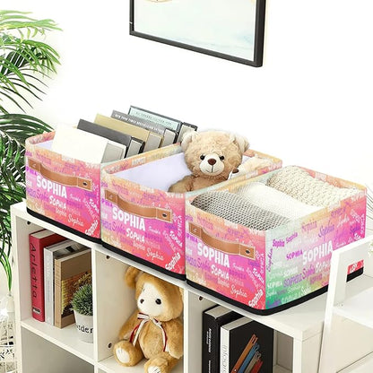 Custom Name Storage Basket, Personalized Small Storage Basket with Handles for Organizing Women Cosmetics Kids Toys Office Closet Shelf Baskets, Gradient Hot Pink Green
