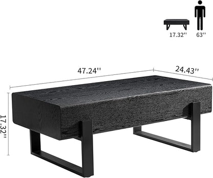 LKTART 47'' Rectangle Coffee Table for Living Room, Marble Pattern Desktop, Stable Metal Tea Table Legs for Dining Room Apartment Small Space (Black)