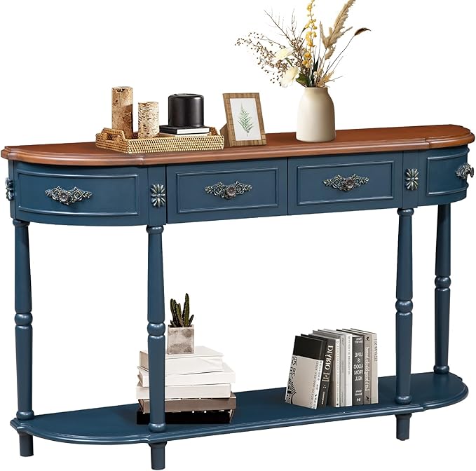 HMFULE Retro Curved Console Table, 52" Half Moon Sofa Entryway With 2 Drawers 1 Open Shelf, Solid Pine Legs for Living Room, Hallway, Navy Blue