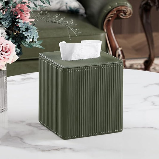 Tissue Box Cover Square with Magnetic Closure, PU Leather Tissue Box Holder for Bathroom NightStands Livingroom, Decorative Modern Square Tissue Holder (Green)