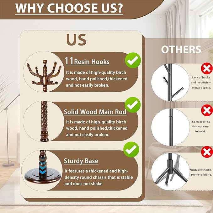 Solid Wooden Coat Rack Stand, Coat Racks Freestanding with 14 Hooks, Natural Birch Wood Coat stands with Sturdy Round Base, Tree Coat Hanger Standing for Entryway Bedroom Office (Walnut disc)
