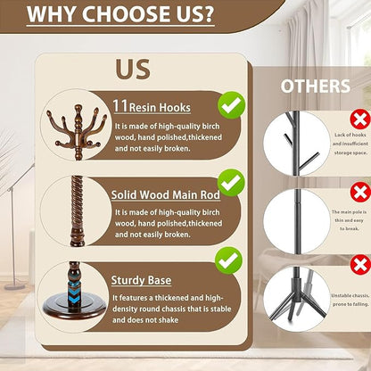 Solid Wooden Coat Rack Stand, Coat Racks Freestanding with 14 Hooks, Natural Birch Wood Coat stands with Sturdy Round Base, Tree Coat Hanger Standing for Entryway Bedroom Office (Walnut disc)