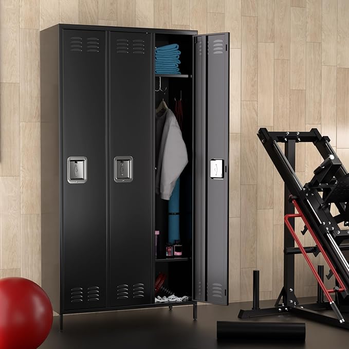 Metal Storage Locker with 3 Doors, Metal Locker for Employees with 9 Hooks for Garage School Office Gym Home, Assembly Required, Black