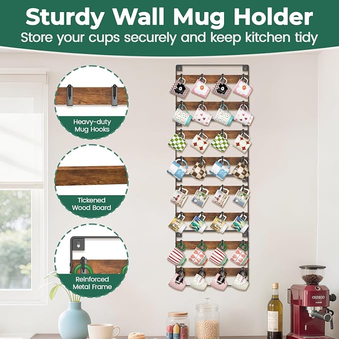 EsLuker.ly Mug Holder Hanger Rack Wall Mounted Wooden 4 Pack Coffee Cup Storage Organizer Display Shelf with 32 Movable Plastic Hooks, Ideal for Mug Collectors