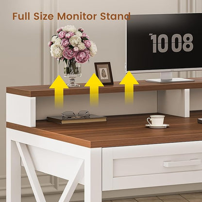 SEDETA Farmhouse Home Office Desk with File Drawer & Power Outlet, Computer Desk with 4 Drawer, Storage Shelves, Printer Cabinet and Monitor Shelf, Gaming Desk with Led Lights, White